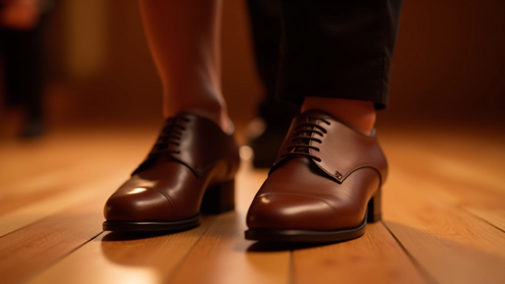 Sapatos de dança de bachata em couro fino em detalhe sobre pista de dança de madeira brilhante