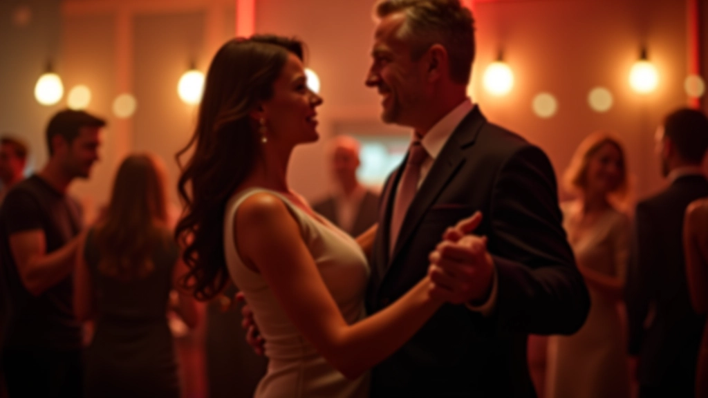 Parceiros dançando bachata em ambiente social acolhedor com outros casais dançando ao fundo