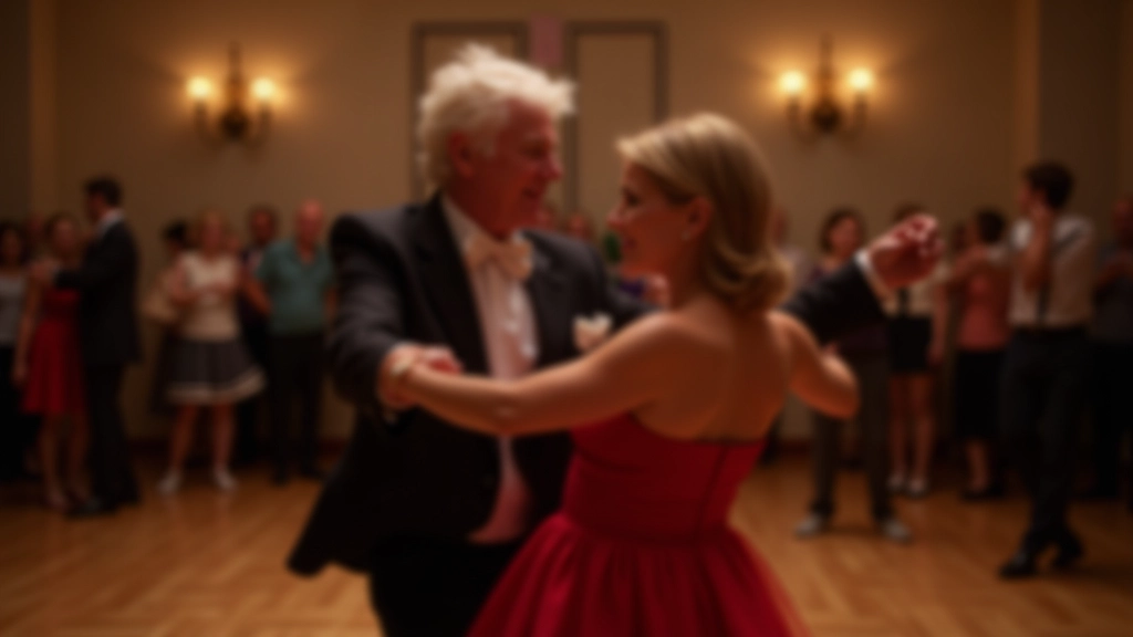 Casal sénior numa pose de dança com braços estendidos, demonstrando flexibilidade e graça