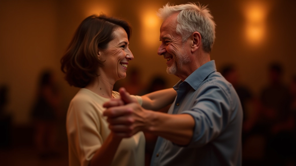 Casal dançando salsa com sorriso genuíno, iluminação quente de estúdio de dança, foco na confiança e alegria