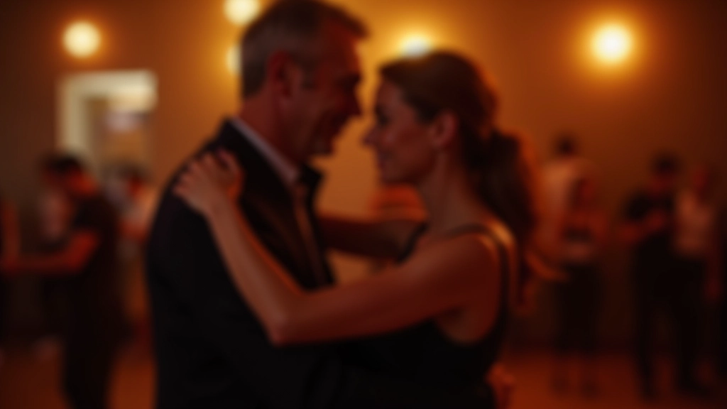 Casal sénior dançando bachata em ambiente acolhedor com iluminação morna e pista de dança