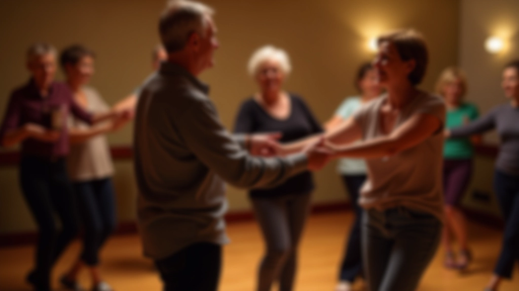 Grupo de iniciantes em aula de bachata com instrutor demonstrando movimento correto em estúdio acolhedor