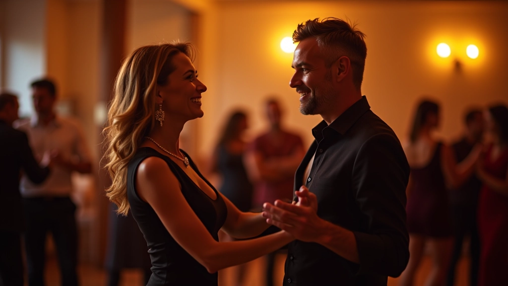 Dois dançarinos num ambiente social, trocando um aperto de mão respeitoso após uma dança, ambiente acolhedor