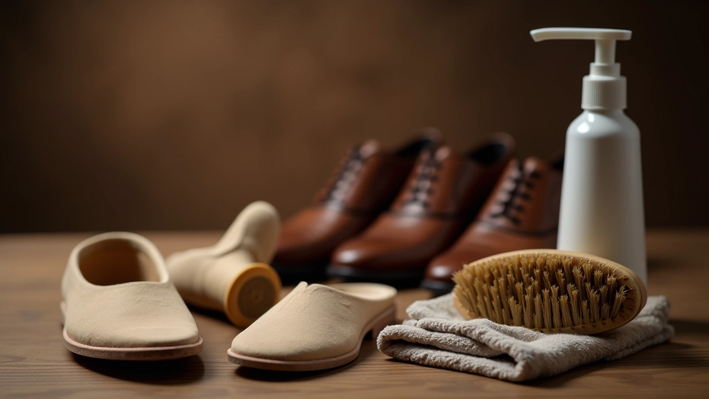 Produtos de cuidado e manutenção para sapatos de dança, incluindo spray desodorizante, escovas de limpeza e materiais de armazenamento