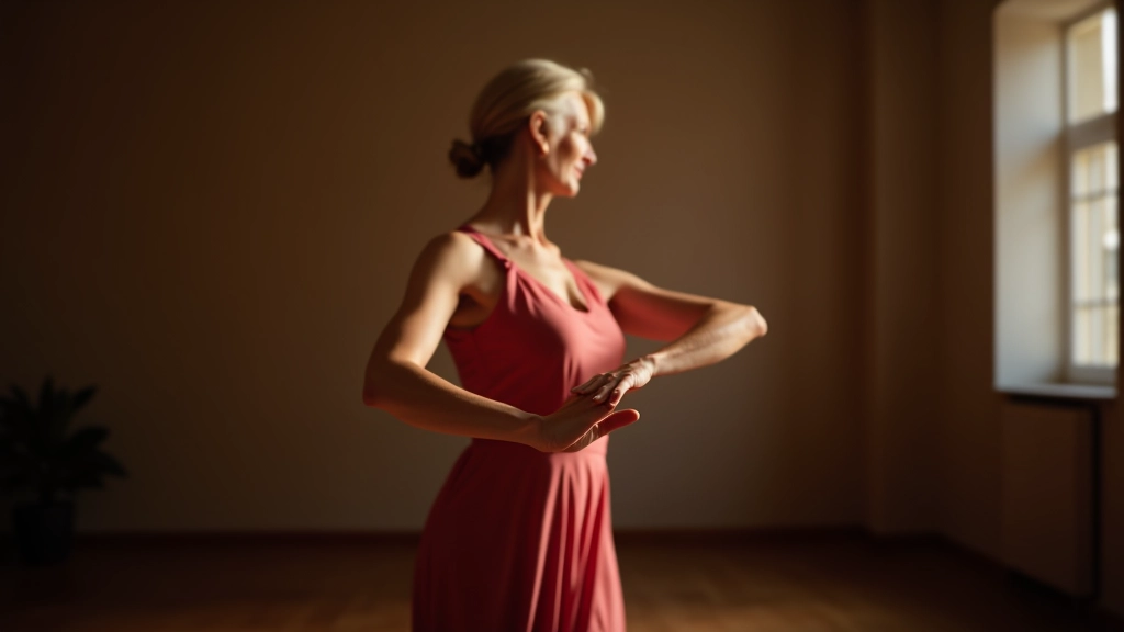 Mulher sénior em posição de dança com braço estendido, mostrando equilíbrio e postura firme